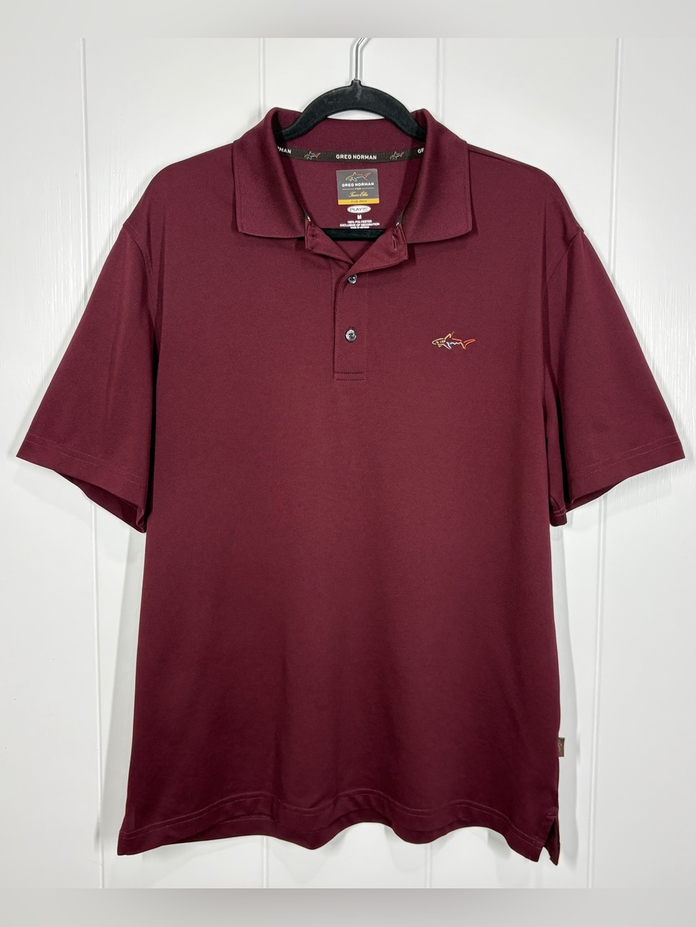 Greg Norman Play Dry Men’s Polo Shirt Shark Logo Size Medium Burgundy